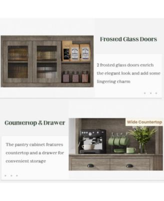Kitchen Pantry Storage Cabinet, 71" Tall Wood Pantry Cabinet with Microwave Stand, Modern Kitchen Hutch Cabinet, Coffee Bar Hutch with Wine Rack for Dining Room, Living Room, Grey