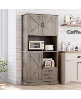 Modern Kitchen Pantry Cabinet with Microwave Stand, Tall Hutch Bar Cabinet with Drawers & Adjustable Shelves, Large Wood Storage Cabinet