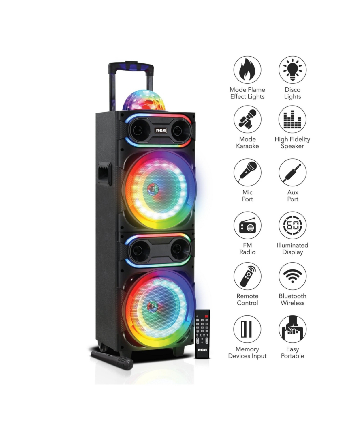 Rca Disco 208 Flame Effect Bluetooth Speaker, Dual Woofer