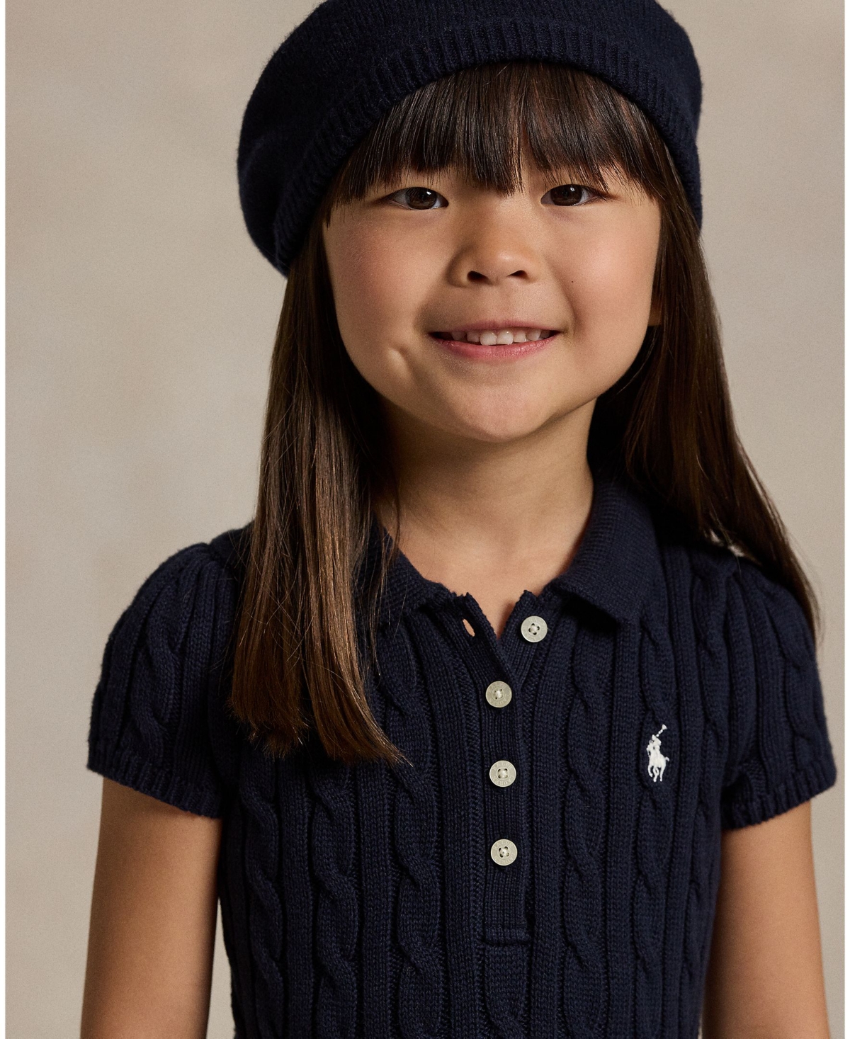 Polo Ralph Lauren Toddler and Little Girls Cable-Knit Cotton Polo Sweater Dress - RL Navy with Prch Cream