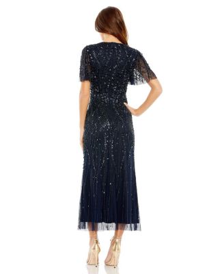 Women's Beaded Wrap Over Butterfly Sleeve Column Dress