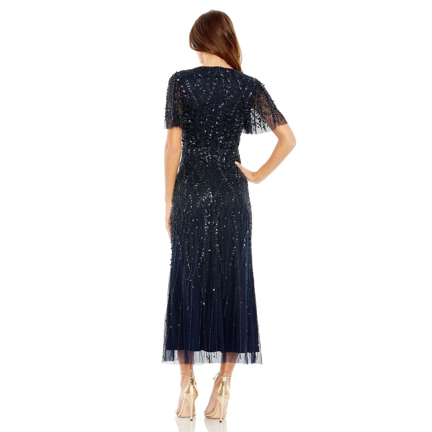 Women's Beaded Wrap Over Butterfly Sleeve Column Dress