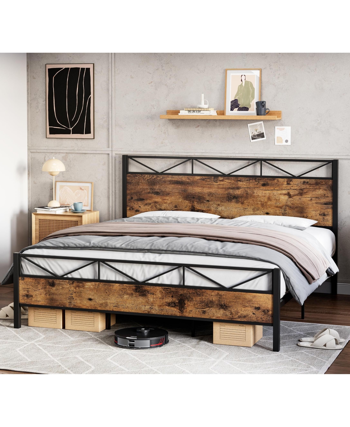 gaomon Bed Frame, Metal Platform Bed Frame with Rustic Wood Headboard