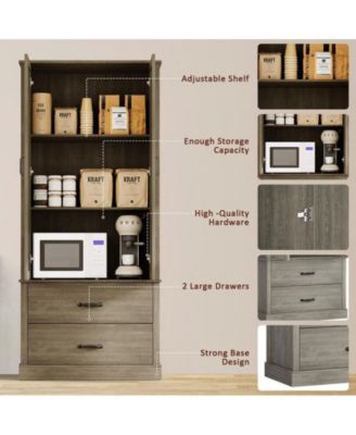 Freestanding Kitchen Pantry Cabinet with Microwave Stand, Adjustable Shelves, and Hutch Storage for Home Use