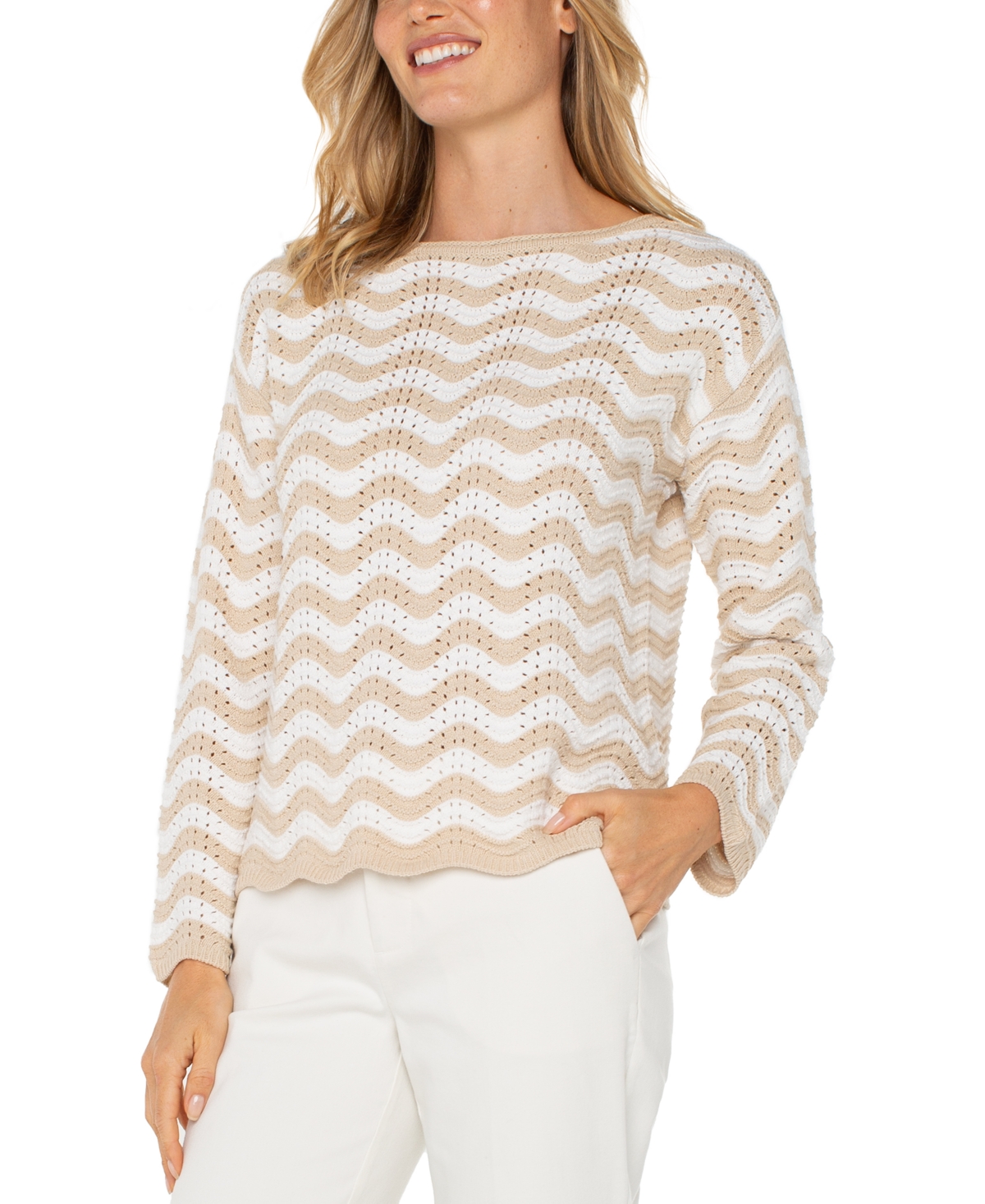 Liverpool Los Angeles Wavy Stripe Pointelle Cotton Blend Sweater In Tan Ivory Stripe