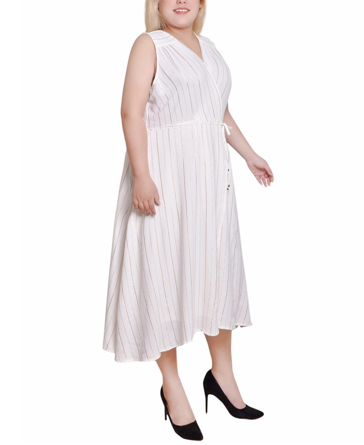 Ny Collection Plus Size Sleeveless Surplice Vertical Stripe Dress In White Gold