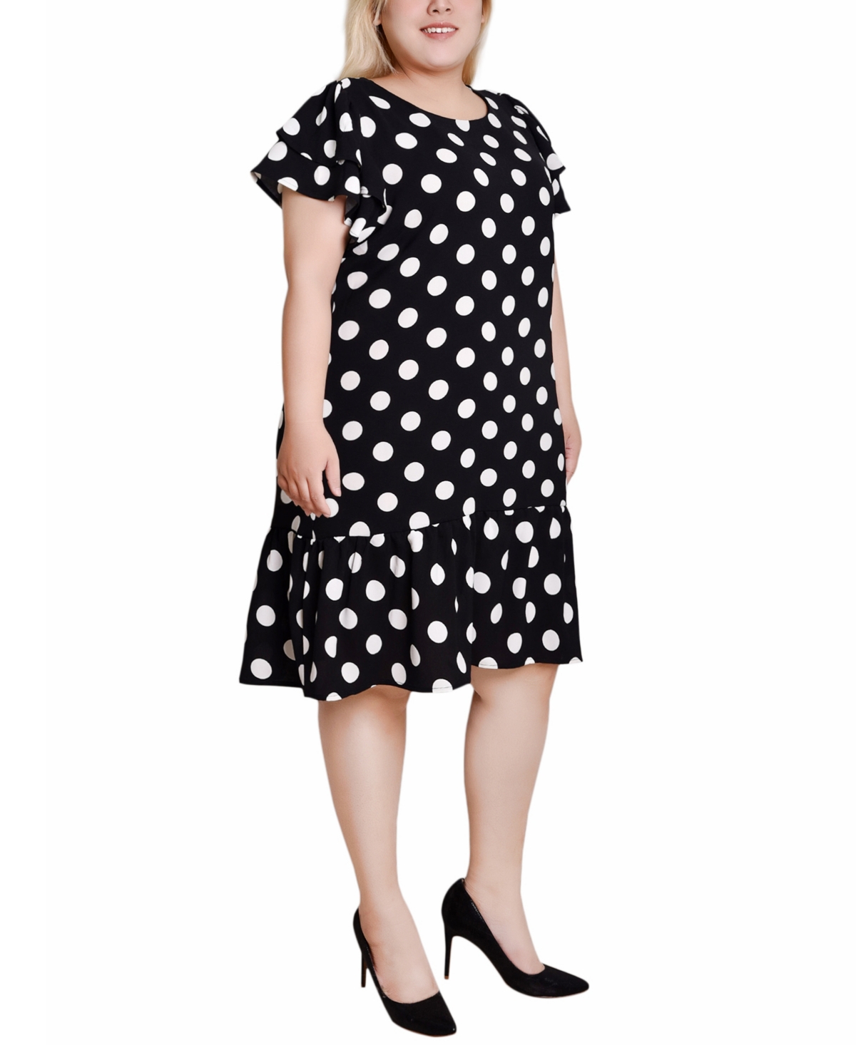 Ny Collection Plus Size Double Layer Flutter Sleeve Dress In Black,white Big Dot