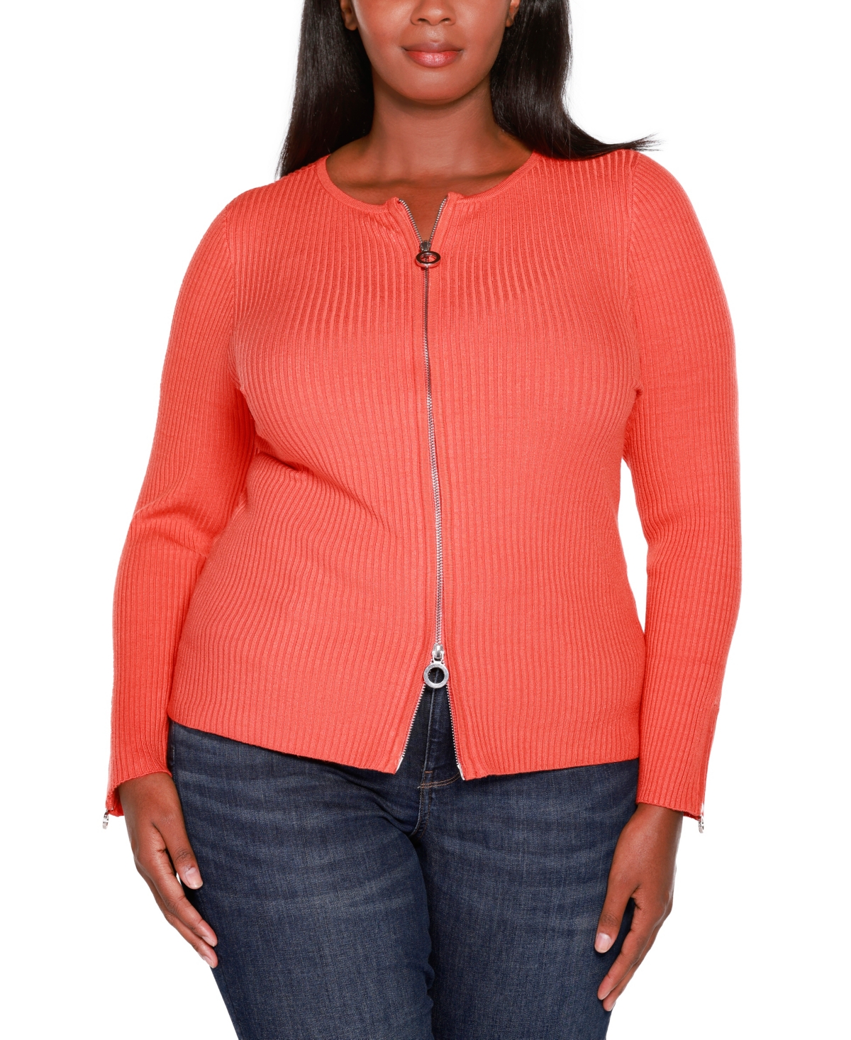 Shop Belldini Plus Size Black Label Ribbed Double-zip Cardigan Sweater In Papaya Punch,silver