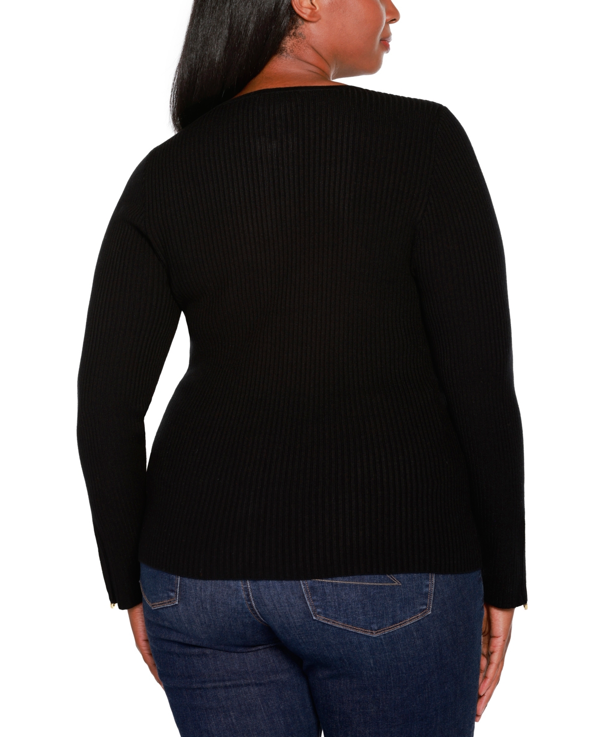 Shop Belldini Plus Size Black Label Ribbed Double-zip Cardigan Sweater In Black,gold