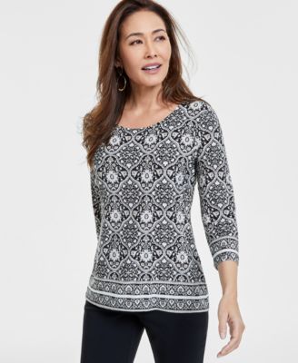 JM Collection - Women's Becca Jacquard Printed 3/4-Sleeve Top