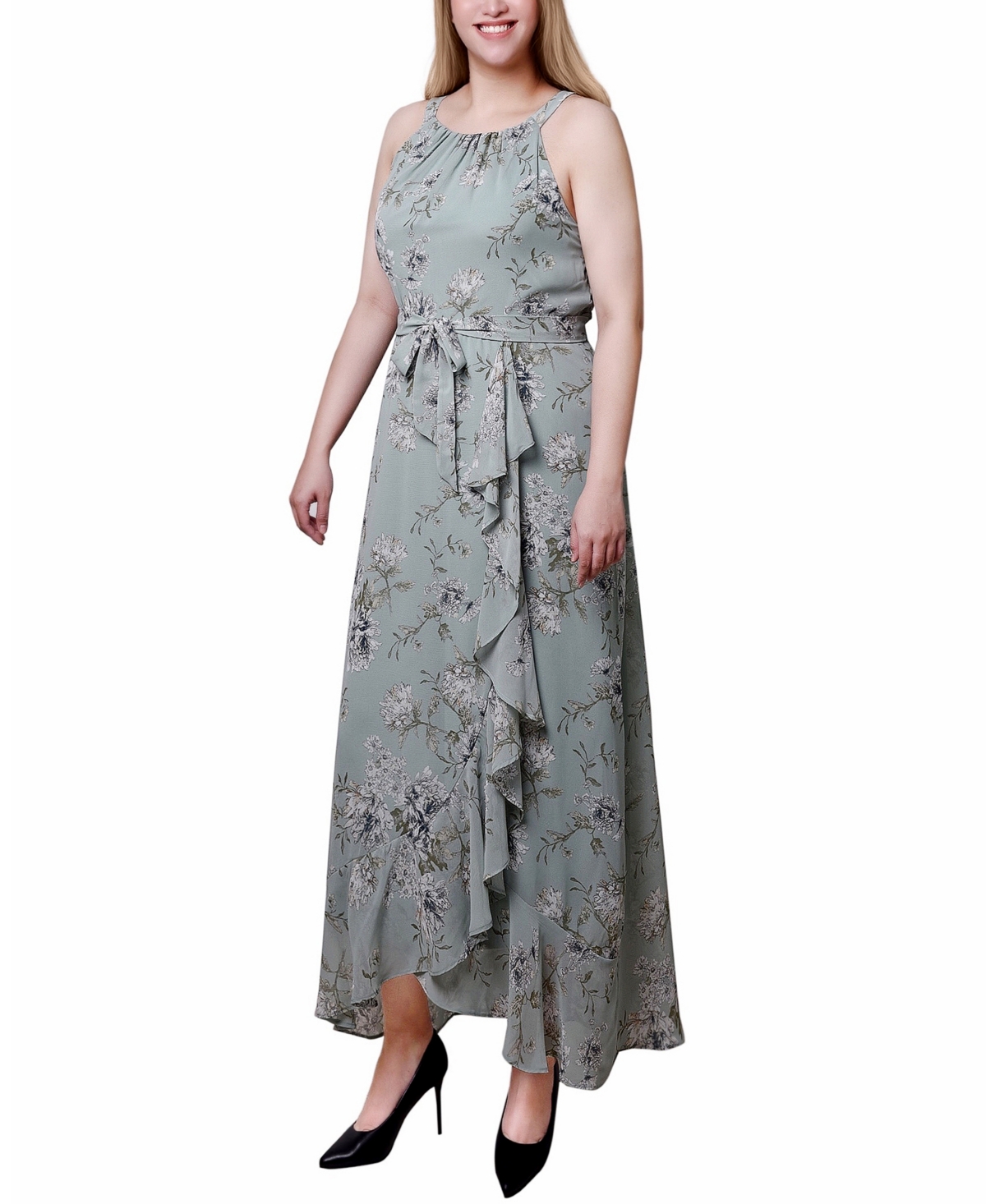 Ny Collection Petite Halter Front Chiffon Maxi Dress In Sage Ivory Floral