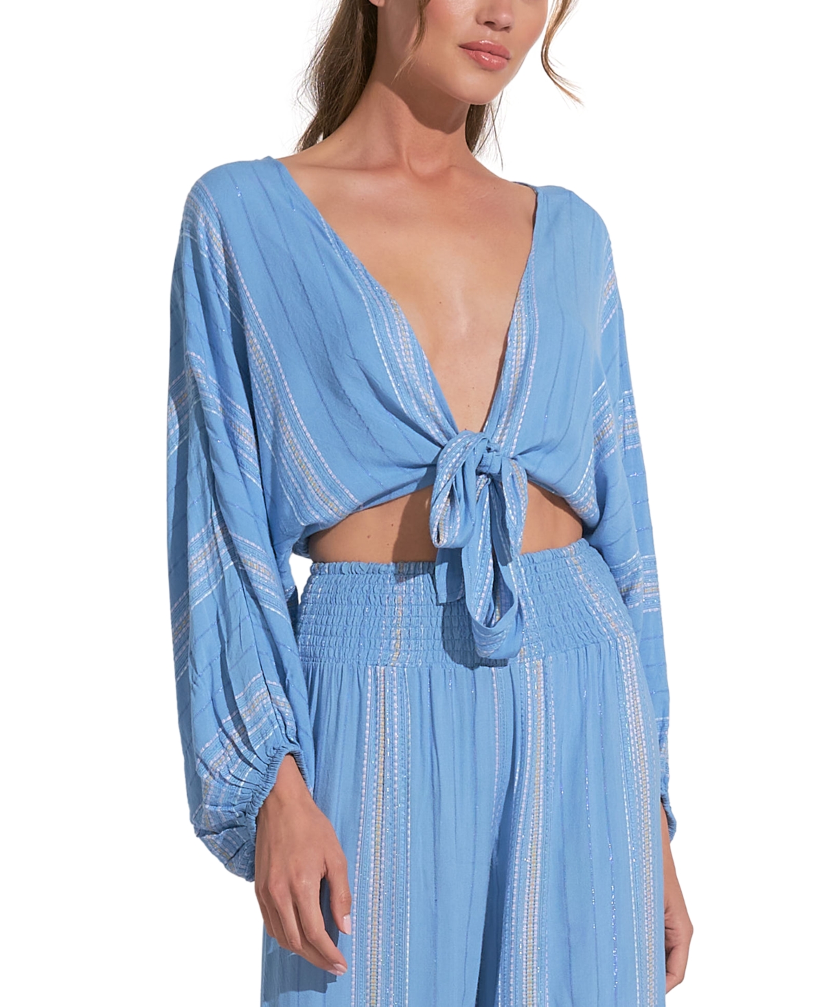 Shop Elan Women's Striped Tie-front Long-sleeve Top In Blue Lilac Stripe