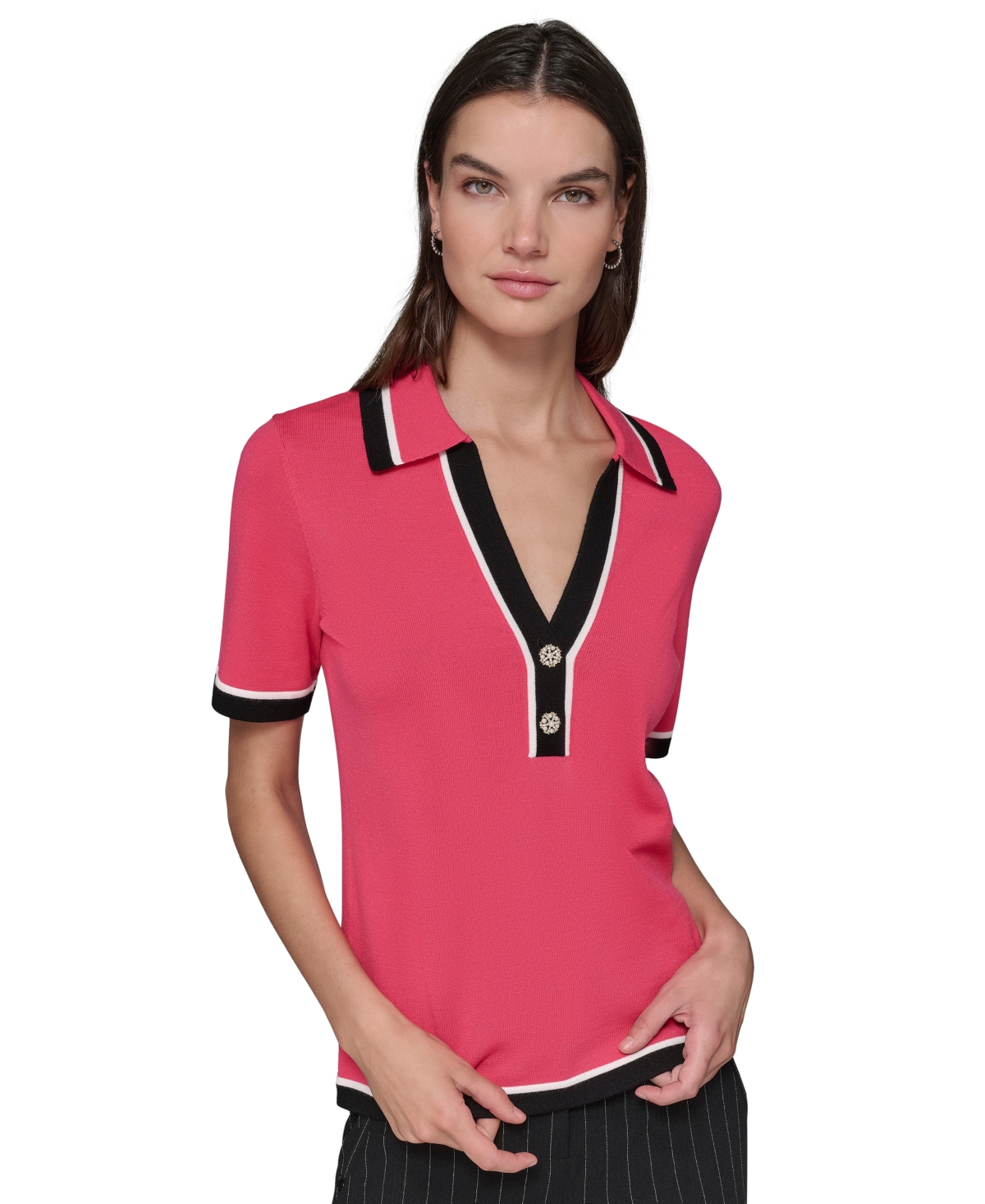 Shop Karl Lagerfeld Petite Polo-collar Short-sleeve Sweater In Teaberry