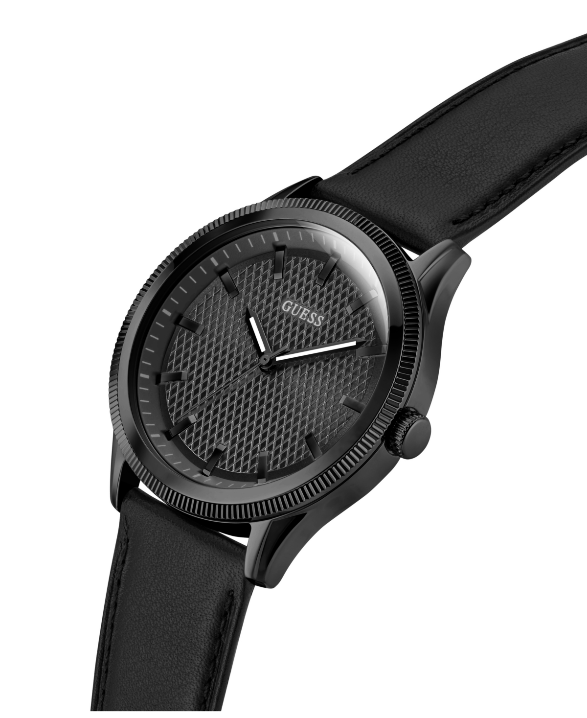 Guess Men's Analog Black Genuine Leather Watch, 44mm In Black
