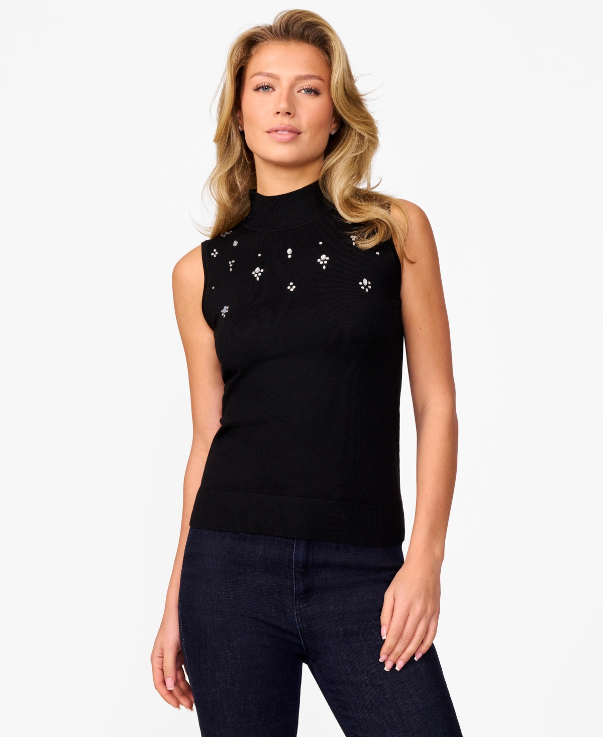 Cable & Gauge Women's Sleeveless Mock Neck Hotfix Sweater