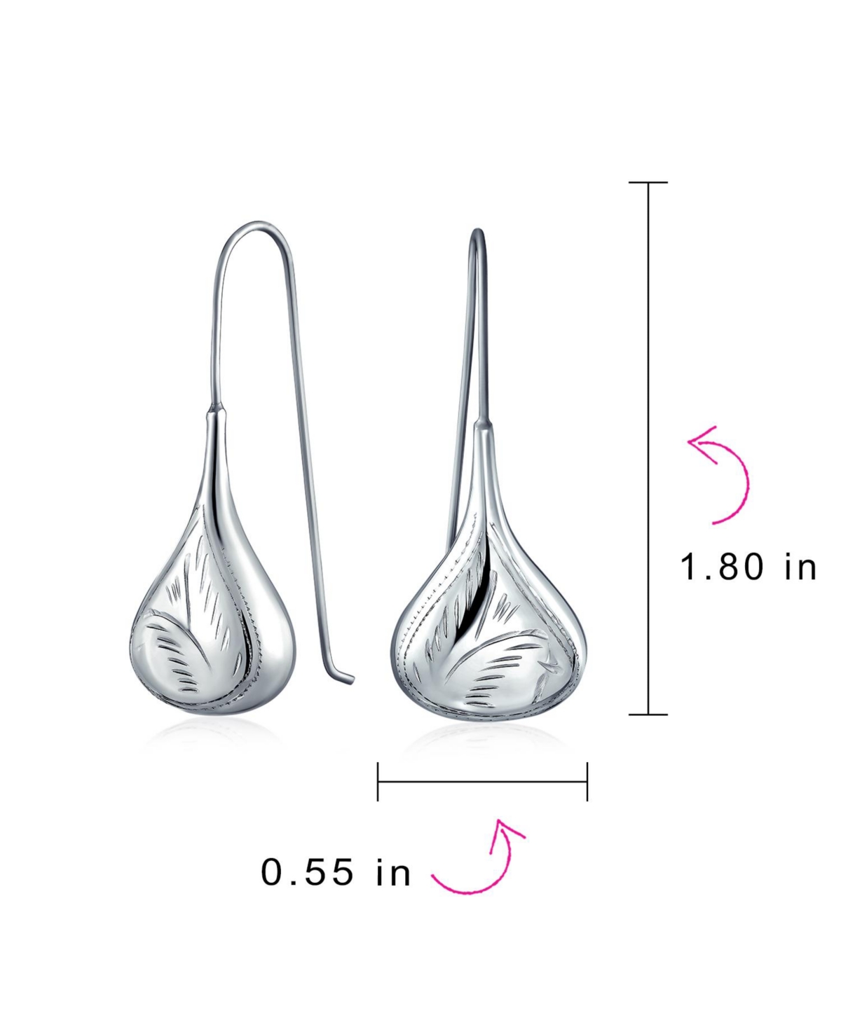 Bling Jewelry Carved Etched Puffed Pear Shaped Rain Drop Teardrop Earrings Fishhook Sterling Silver