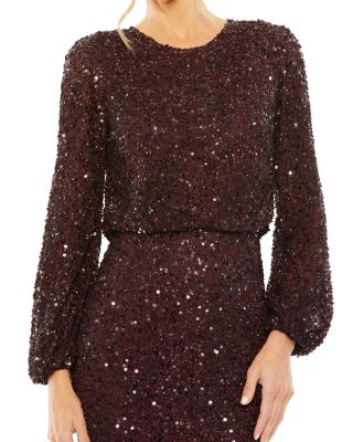 Women's High Neck Long Sleeve Beaded Blouson Gown