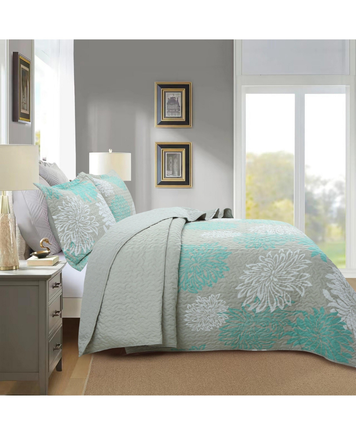 MarCielo 3 Piece Chrysanthemum Pattern Quilt Set Lightweight Bedspread Set -other clrs