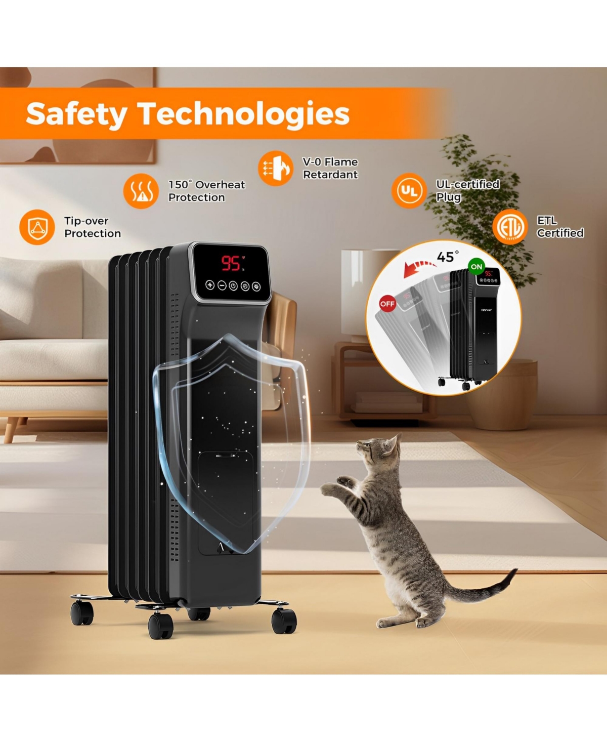 Skonyon 1500W Oil Filled Radiator Heater with Remote Control 3 Modes 24H Timer- Black