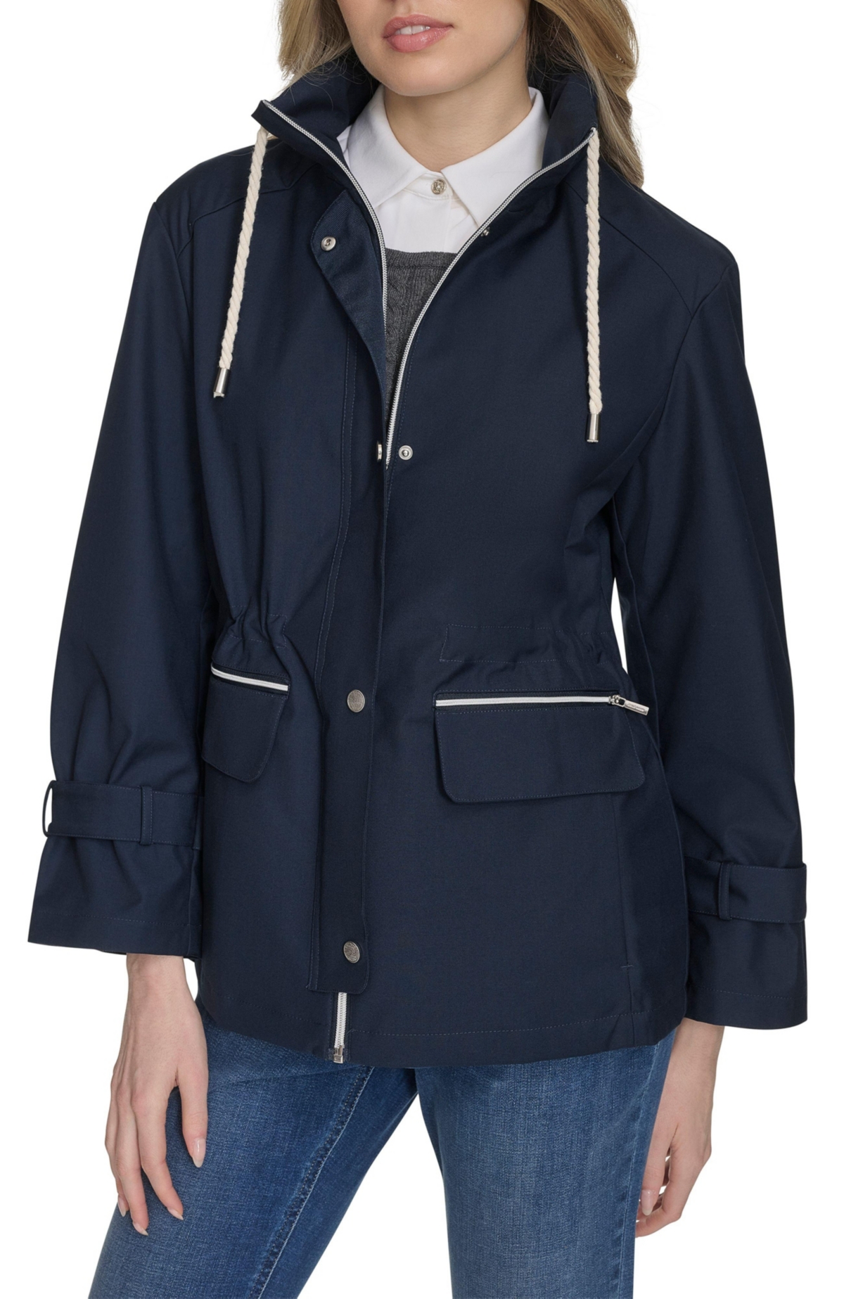 Women's 29" Loose Fit Pinstripe Rain Jacket - Light taupe