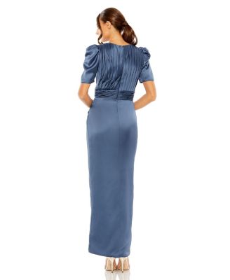 Women's Puff Sleeve Pleated Bodice Draped Gown