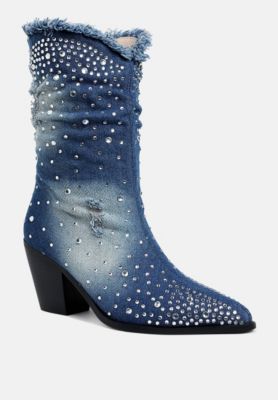 Womens Savant Diamante & Rhinestones Denim Boots