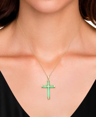 Dyed Green Jade Polished X Accent Cross 18" Pendant Necklace in 10k Gold