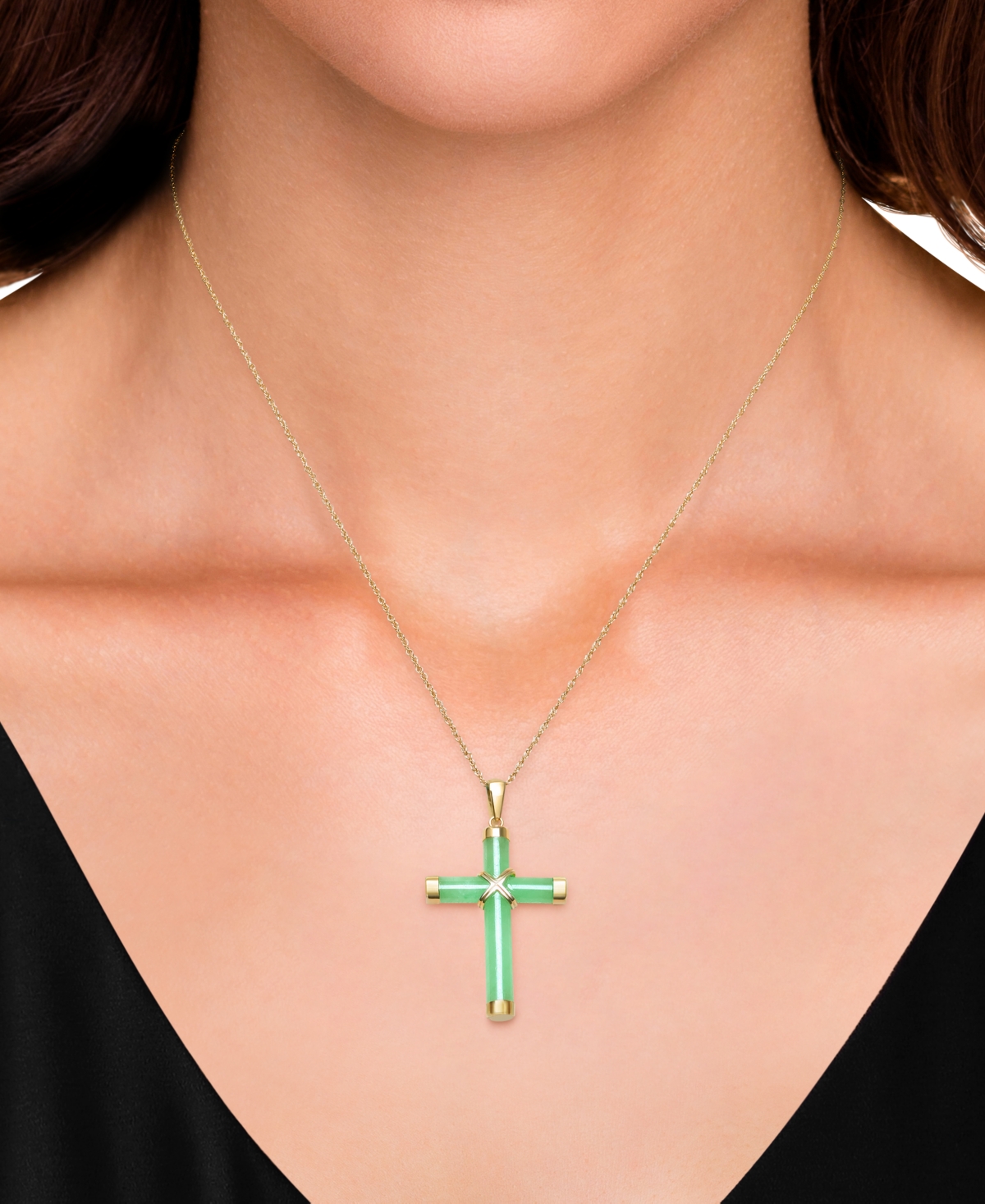 Macy's Dyed Green Jade Polished X Accent Cross 18" Pendant Necklace In 10k Gold In Yellow Gold
