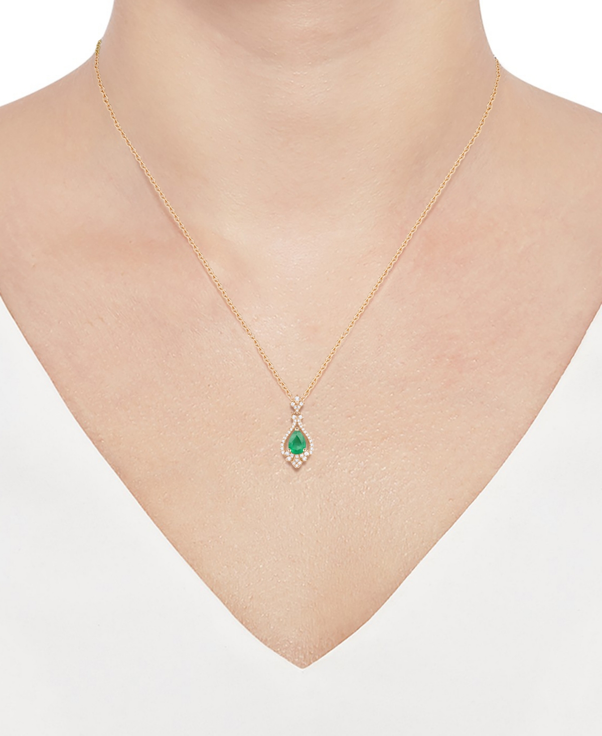 MACY'S EMERALD (5/8 CT. T.W.) & DIAMOND (1/5 CT. T.W.) PEAR HALO 18" PENDANT NECKLACE IN 14K GOLD (ALSO IN  