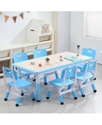 Garvee Kids Table And 6 Chairs Set - 47" Adjustable Height, Teal, Erasable Top, For Ages 2-10