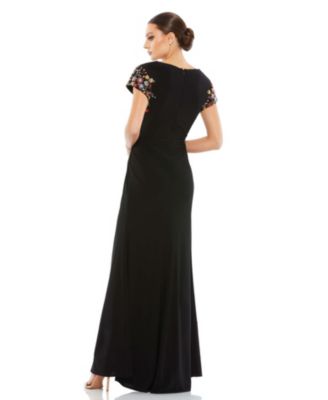 Women's Embellished Sleeve Jersey Wrap Gown