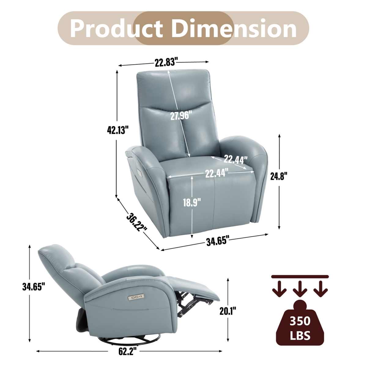 Boyel Living Power Recliner Chair with Lumbar Support Max Swivel Degree 270° Heavy Duty Motion Mechanism with Usb and Type-c Ports