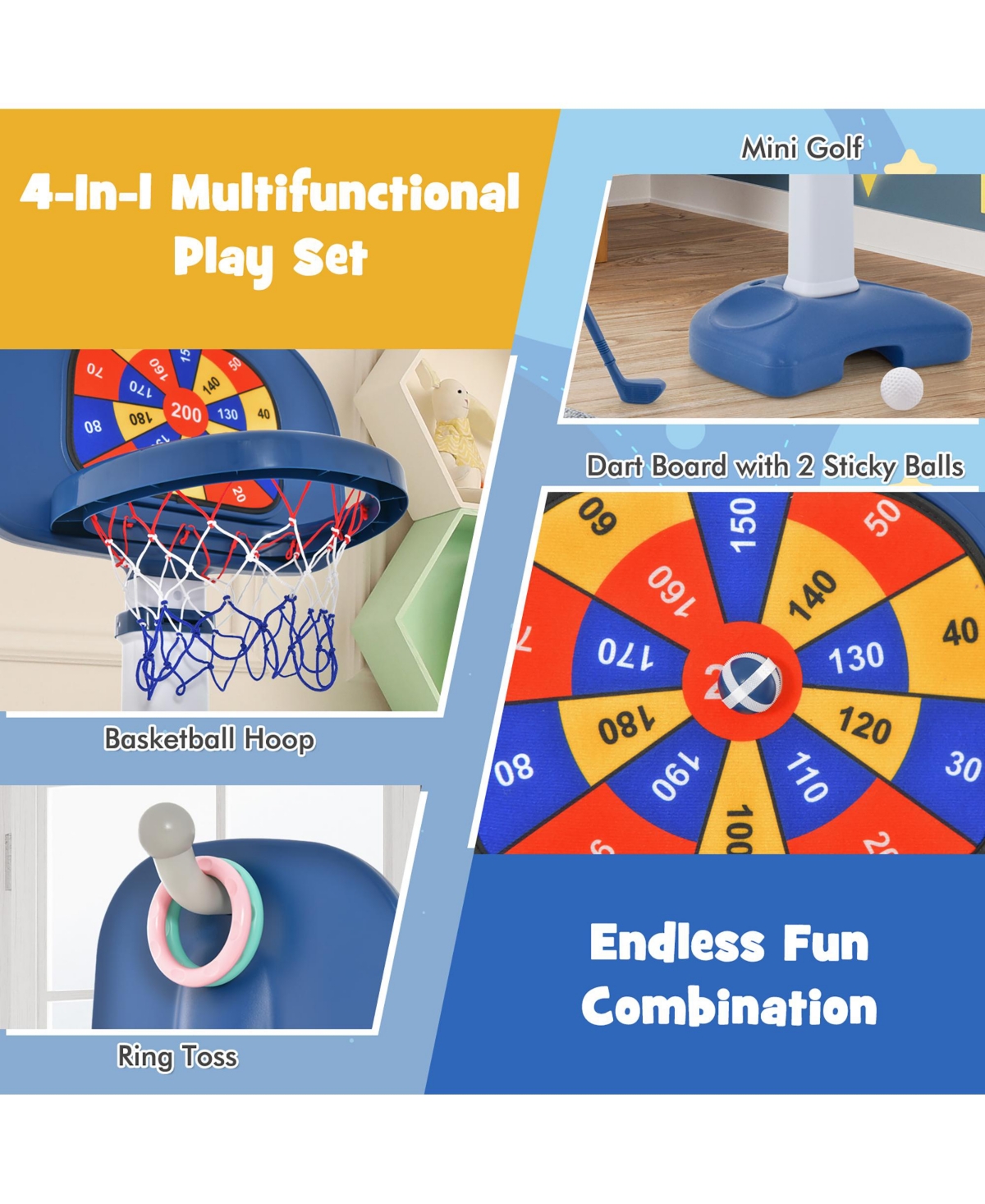 Gymax 4-In-1 Kids Adjustable Basketball Hoop Goal Toy W/Ring Toss Sticky Ball Golf Set - White+blue