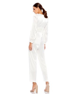 Women's Front Twist Puff Sleeve Deep V Jumpsuit