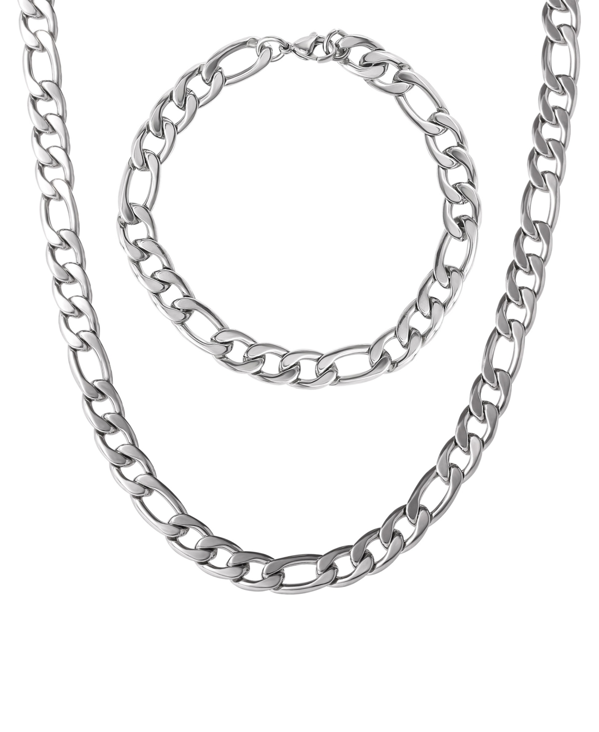 Stainless Steel Figaro Chain & Bracelet Set - Classic Jewelry for Men - Silver