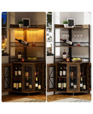 Tall Corner Bar Cabinet with Power Outlet and LED, Wine Cabiner for Liquor, Industrial Corner Cabinet with Wine Storage, 5-Tiers Liquor Cabinet Bar with Glass Holder for Home, Living Room, Kitchen