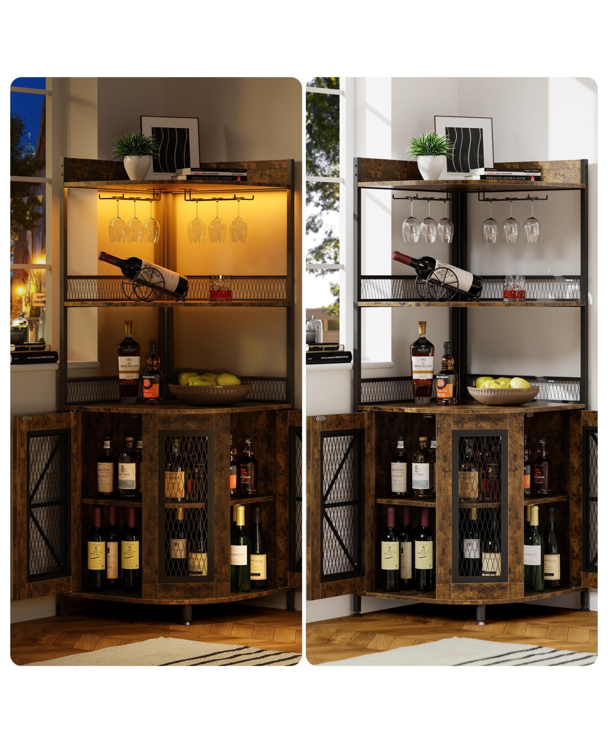 gaomon Tall Corner Bar Cabinet with Power Outlet and Led, Wine Cabiner for Liquor, Industrial Corner Cabinet with Wine Storage, 5-Tiers Liquor Cabinet