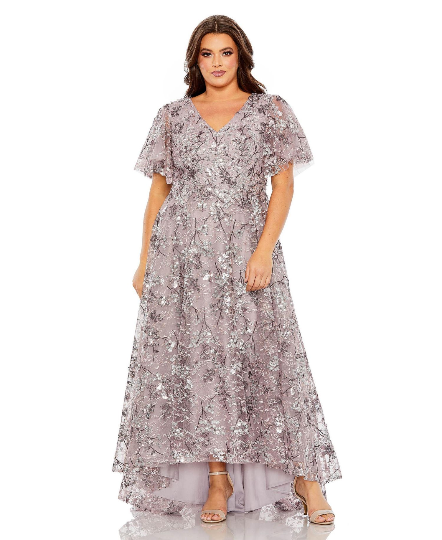 Plus Size V Neck Flutter Sleeve A Line Embellished Dress