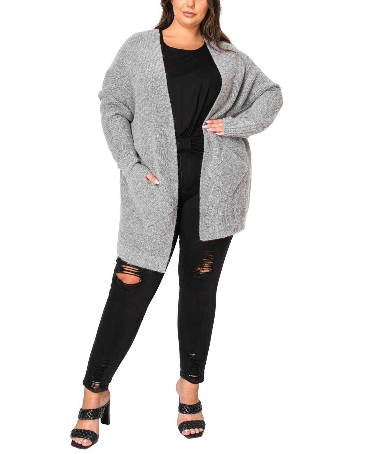 Plus Size Marled Knit Pocket Cardigan Sweater - Black