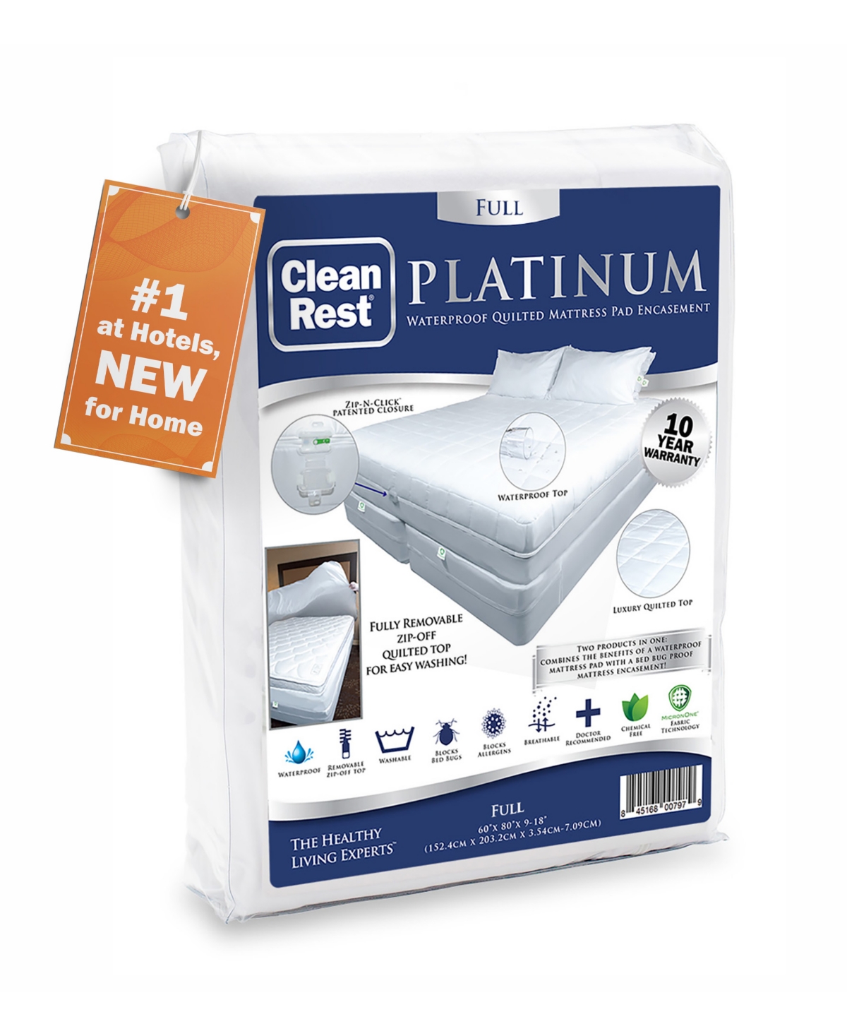 Cleanbrands Platinum Zippered Encasing Quilted Mattress Pad, Full In White