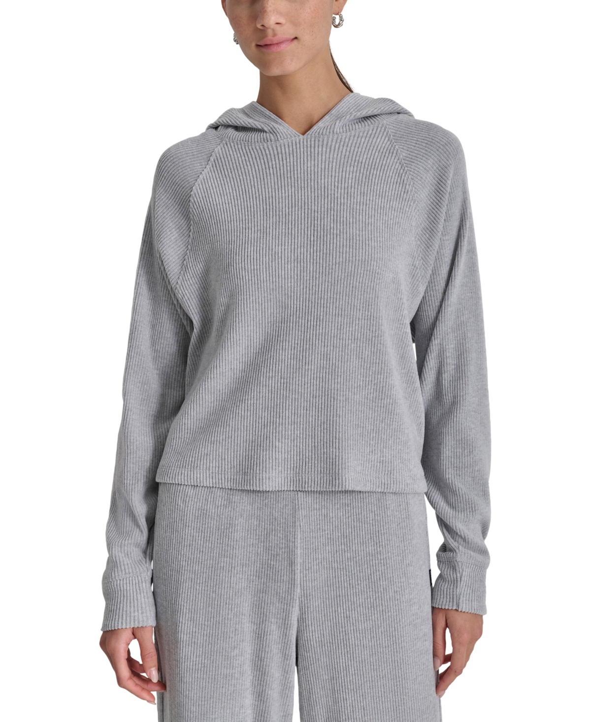 Dkny Ribbed Full Zip Hoodie In Pearl Grey Heather