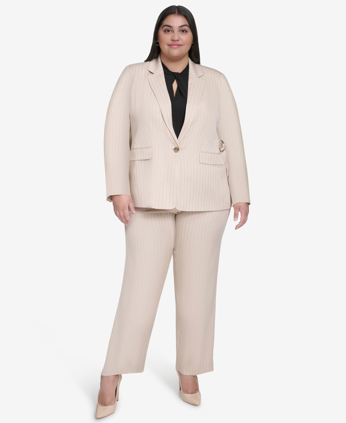 Dkny Plus Size Pinstriped One-button Blazer In Chino Khaki,black