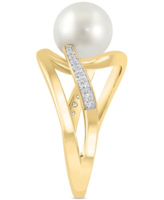EFFY&reg; Cultured Freshwater Pearl (8mm) & Diamond (1/10 ct. t.w.) Openwork Swirl Statement Ring in 14k Gold