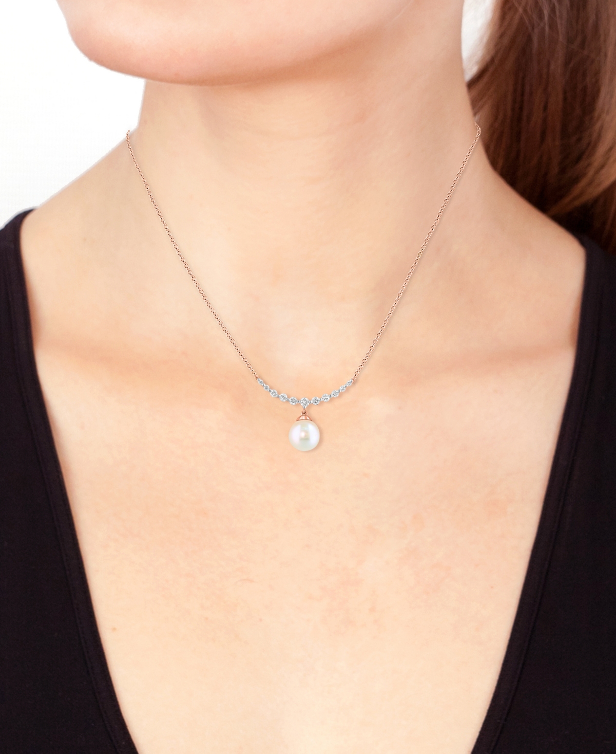 Effy Collection Effy Cultured Akoya Pearl (6mm) & Diamond (1/6 Ct. T.w.) Fancy 18" Collar Necklace In 14k Rose Gold In Rose Gold
