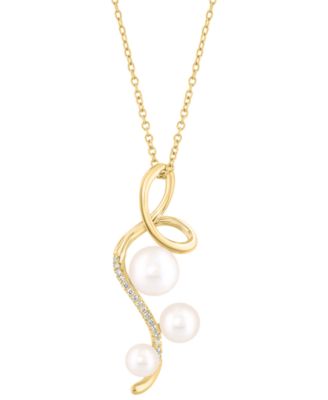 EFFY Collection - Cultured Freshwater Pearl (4 - 6-1/2mm) & Diamond (1/20 ct. t.w.) Triple Pearl Spiral 18" Pendant Necklace in 14k Gold