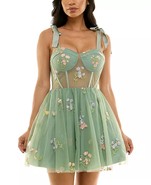 juniors' embroidered tulle mesh sleeveless dress