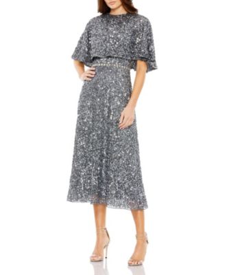 Women's Embellished Cape High Neck Midi Dress