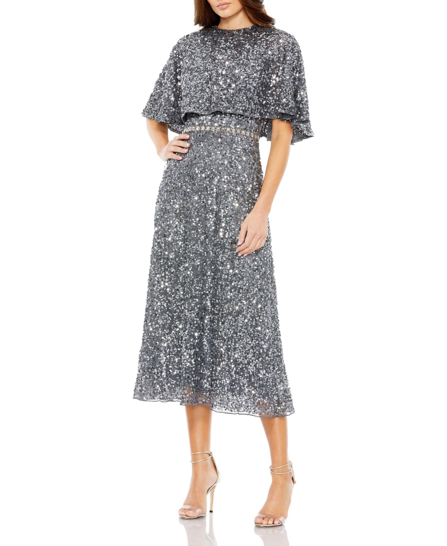 Women's Embellished Cape High Neck Midi Dress