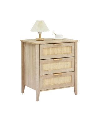 Nightstand Set of 2, Rattan End Table, Rattan Nightstand Boho Cabinet with 3 Natural Rattan Drawers