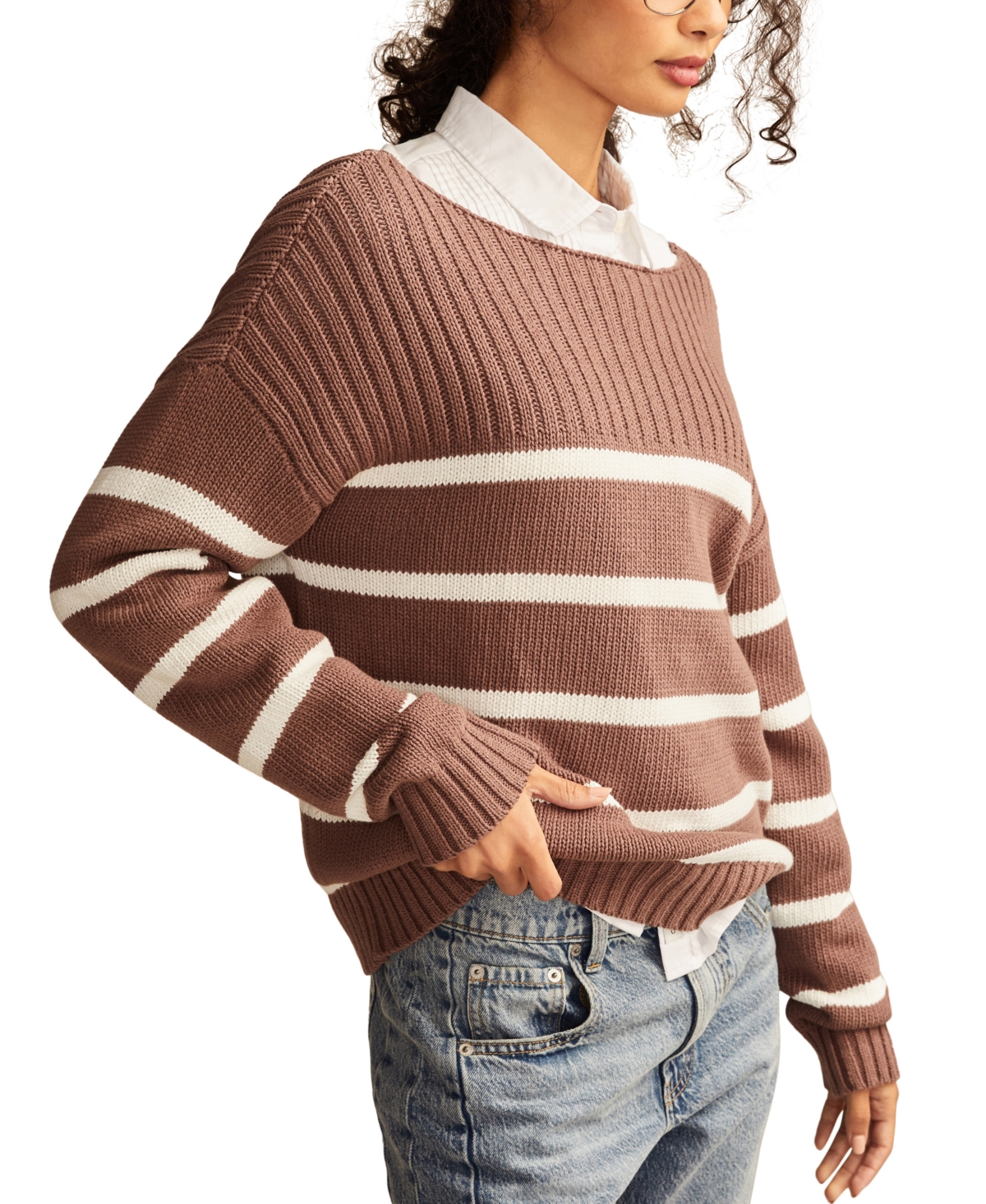 Shop Lucky Brand Women's Striped Boat-neck Sweater In Deep Taupe Stripe